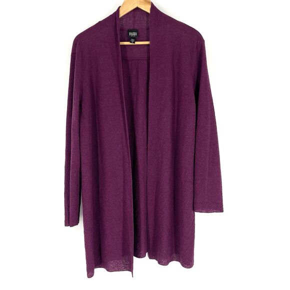Eileen Fisher Sweater Size Large Petite Berry Open Front Sheer Wool Cardigan - Picture 1 of 8